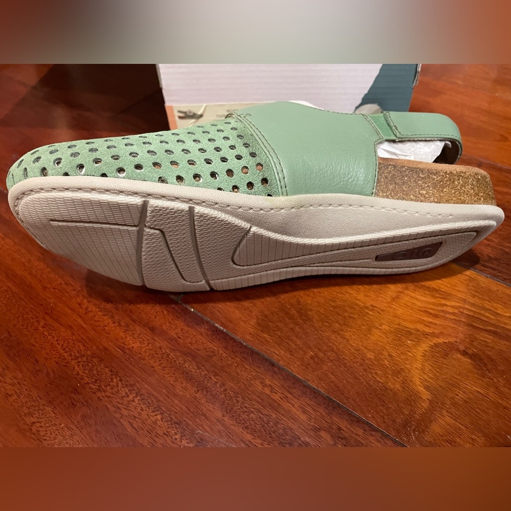 Earth Origins Sage Green Perforated Leather Slip-On Clogs with Buckle - Picture 4 of 5